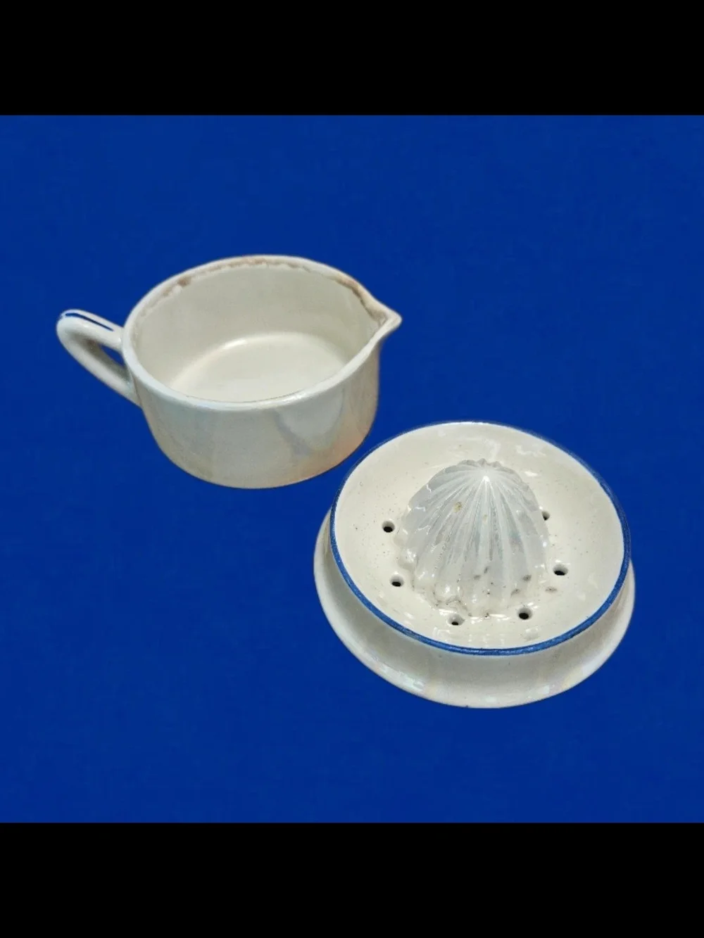 Vintage Český Porcelán Dubí 2-Piece Porcelain Lemon Juicer - Blue Line